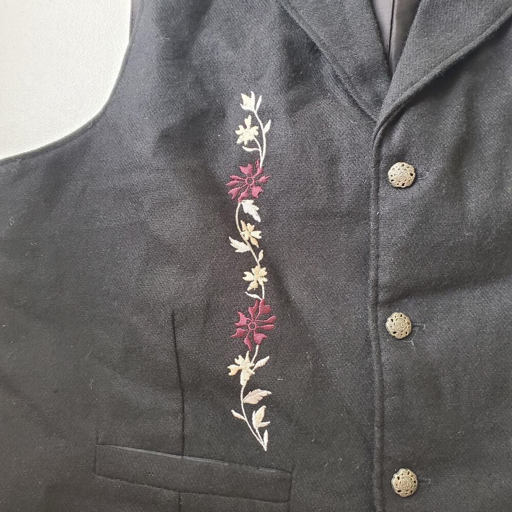 Wah Maker Vest Mens Large Black Wool Embroidered Western Cowboy Lined Floral - Picture 2 of 8